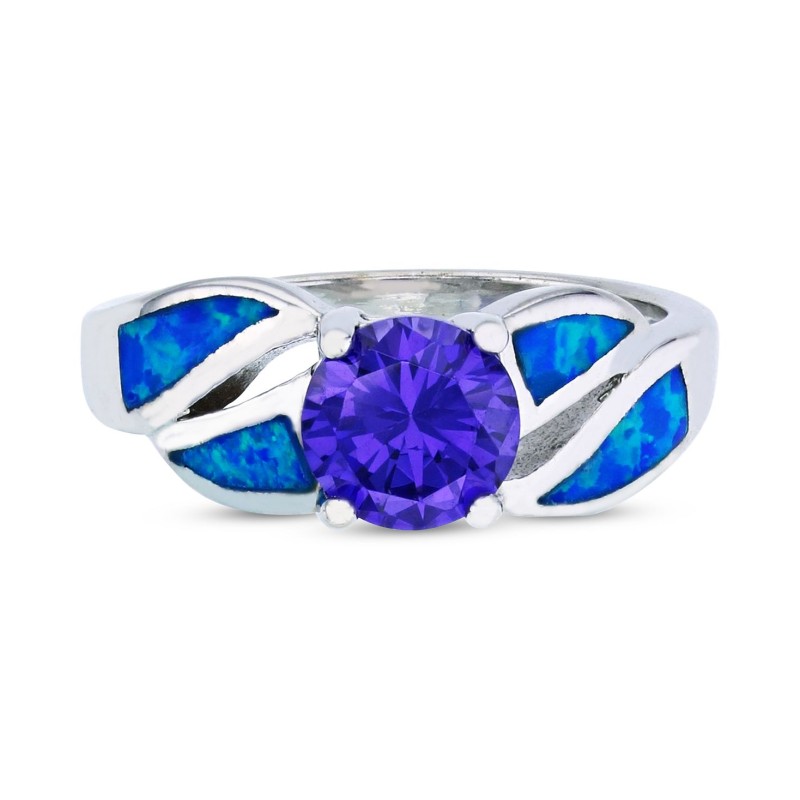Purple Cubic Zirconia & Opal Inlay Ring in Sterling Silver