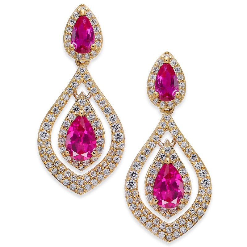 Ruby (1-1/2 ct) & Diamond (3/4 ct) Drop Earrings in 14k Gold