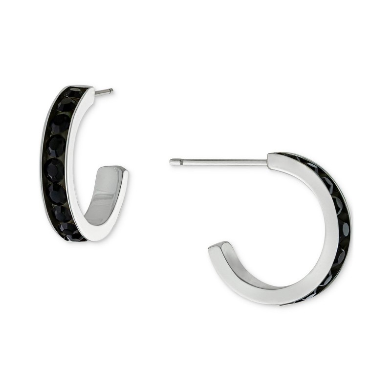 Black Crystal Small Hoop Earrings in Sterling Silver, 0.59