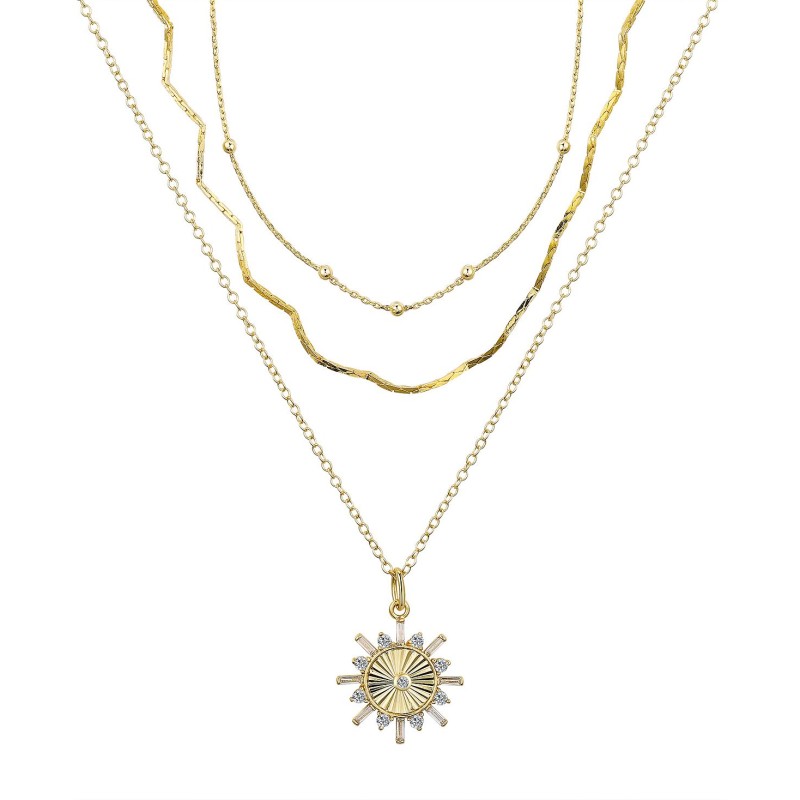 Cubic Zirconia Sun Pendant Layered Necklace Set, 3 Pieces