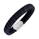 Woven Black & Blue Leather Bracelet in Sterling Silver