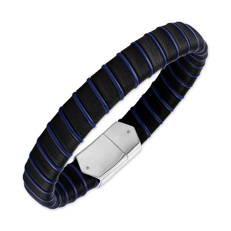 Woven Black & Blue Leather Bracelet in Sterling Silver