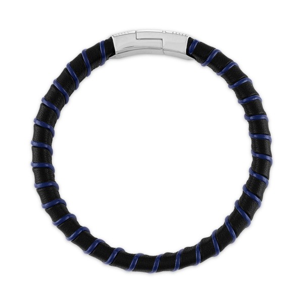 Woven Black & Blue Leather Bracelet in Sterling Silver
