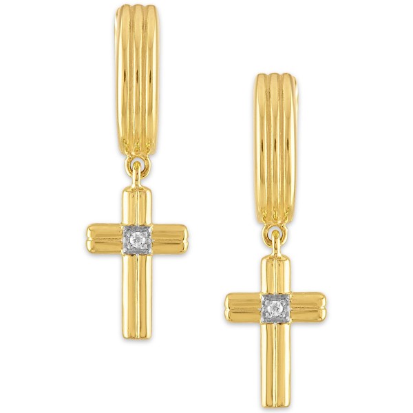 Accent Cross Drop Hoop Earrings in 14k Gold-Plated Sterling Silver