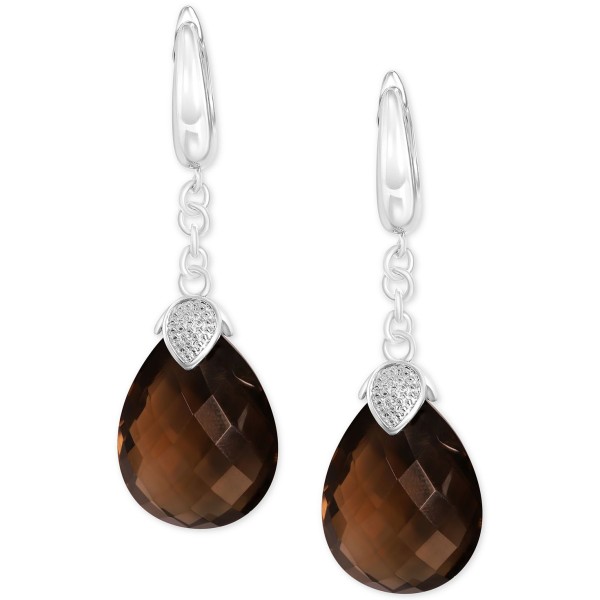 Smoky Quartz (25 ct) & Cubic Zirconia Drop Earrings in Sterling Silver
