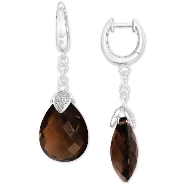 Smoky Quartz (25 ct) & Cubic Zirconia Drop Earrings in Sterling Silver
