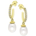 Freshwater Pearl (8 x 6mm) & Cubic Zirconia Dangle Hoop Earrings