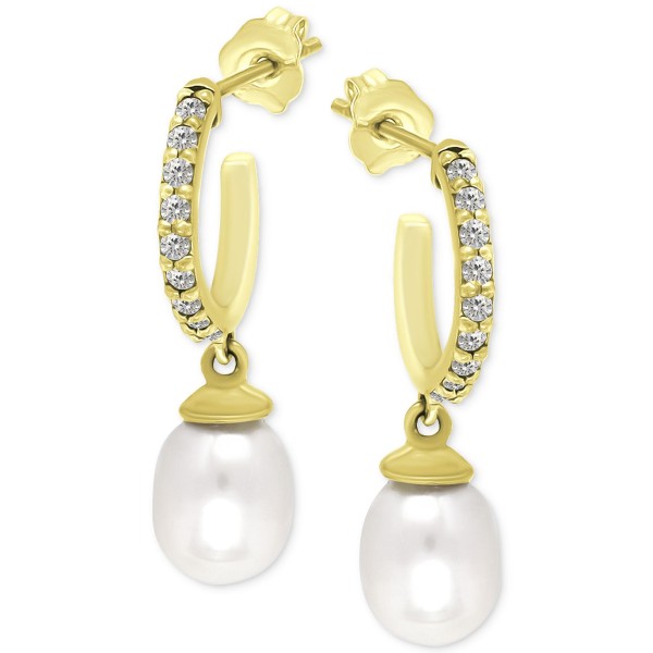 Freshwater Pearl (8 x 6mm) & Cubic Zirconia Dangle Hoop Earrings