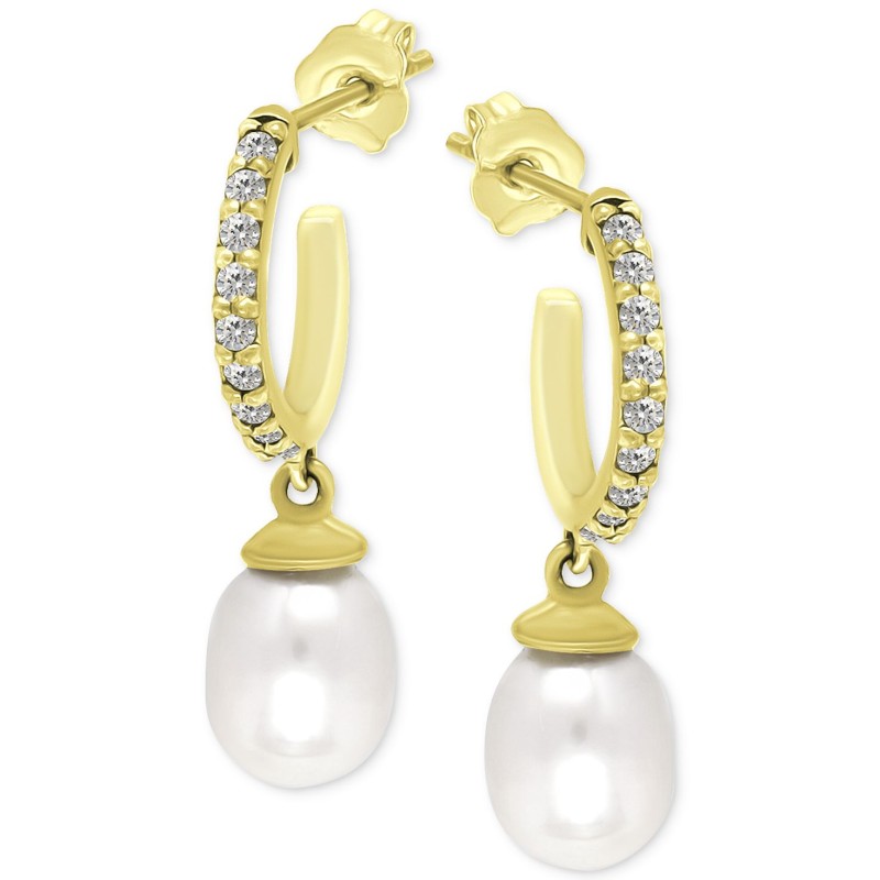 Freshwater Pearl (8 x 6mm) & Cubic Zirconia Dangle Hoop Earrings