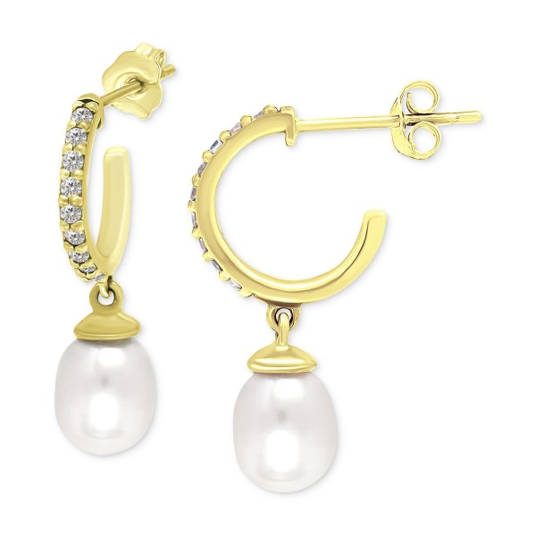 Freshwater Pearl (8 x 6mm) & Cubic Zirconia Dangle Hoop Earrings