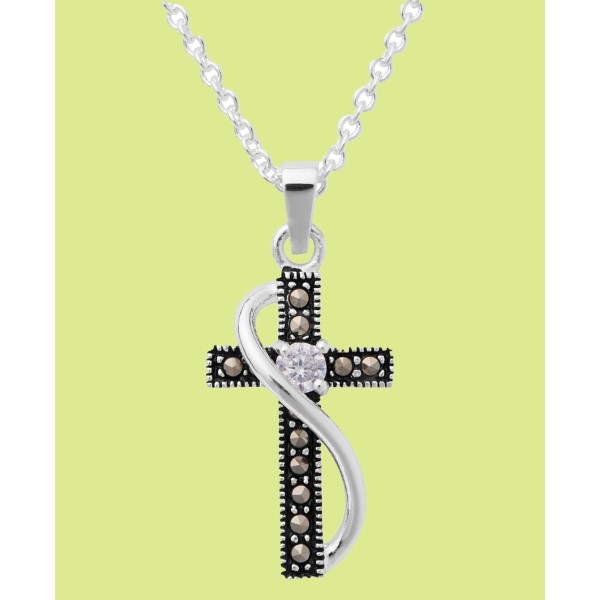 Marcasite Cubic Zirconia Set in Silver Plated Cross Pendant
