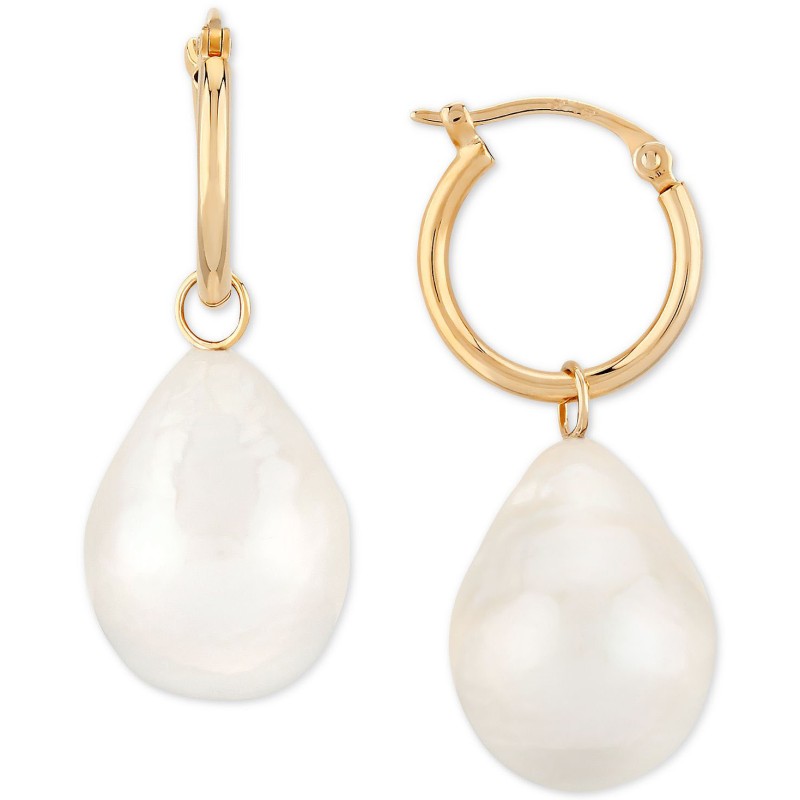 Cultured Freshwater Pearl (12mm) Dangle Hoop Earrings in 14k Gold