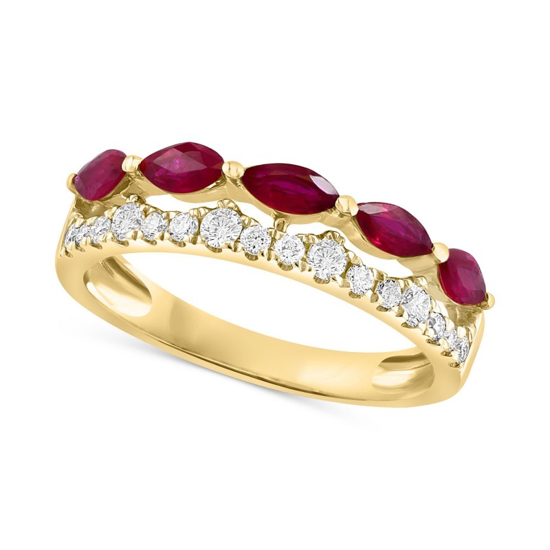 Ruby (3/4 ct) & Diamond (1/3 ct) Two Row Ring in 14k Yellow Gold