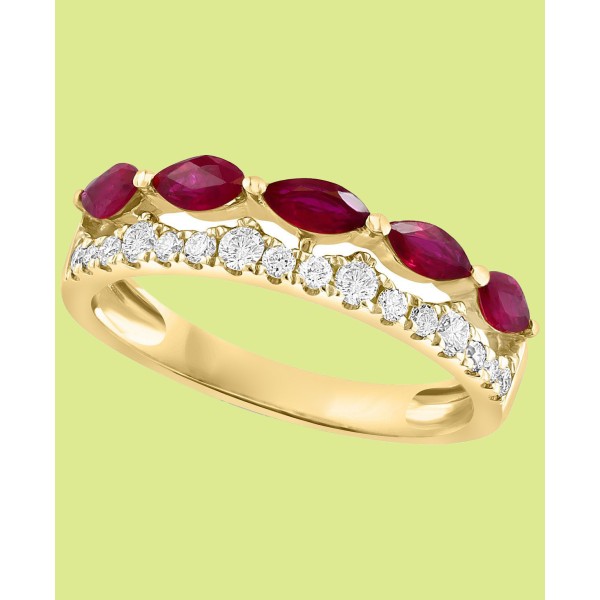 Ruby (3/4 ct) & Diamond (1/3 ct) Two Row Ring in 14k Yellow Gold