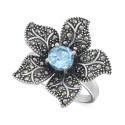 Blue Topaz (1 ct) & Marcasite Flower Ring in Sterling Silver