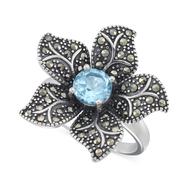 Blue Topaz (1 ct) & Marcasite Flower Ring in Sterling Silver