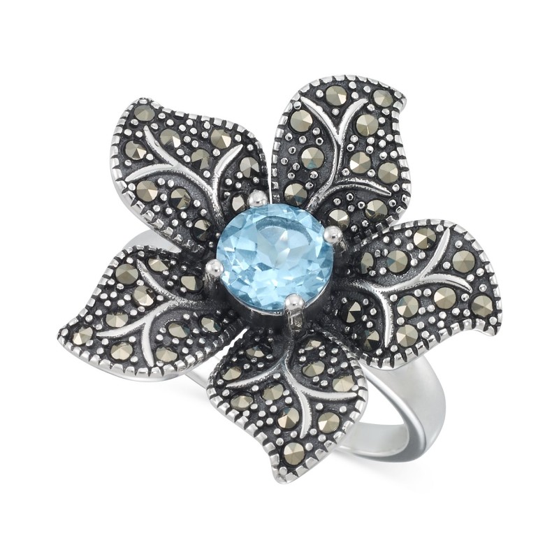 Blue Topaz (1 ct) & Marcasite Flower Ring in Sterling Silver