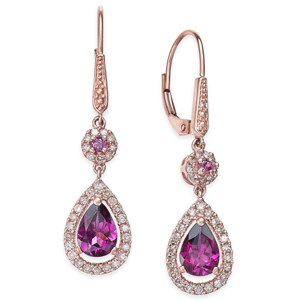 Rhodolite Garnet (1-1/2 ct) and Diamond (1/3 ct) Drop Earrings in 14k Rose Gold