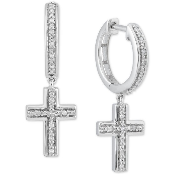 Diamond Cross Dangle Hoop Earrings (1/10 ct) in Sterling Silver