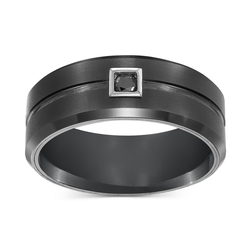 Men's Black Tungsten Ring, Black Diamond Wedding Band (1/10 ct)