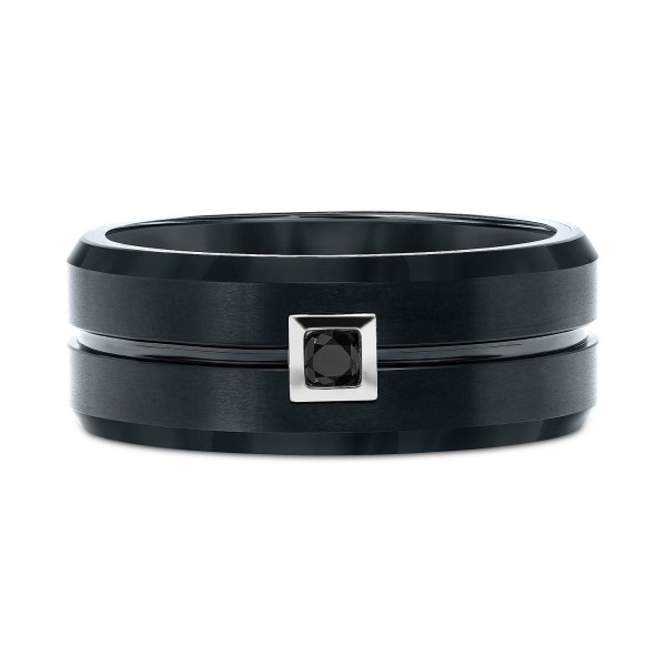 Men's Black Tungsten Ring, Black Diamond Wedding Band (1/10 ct)