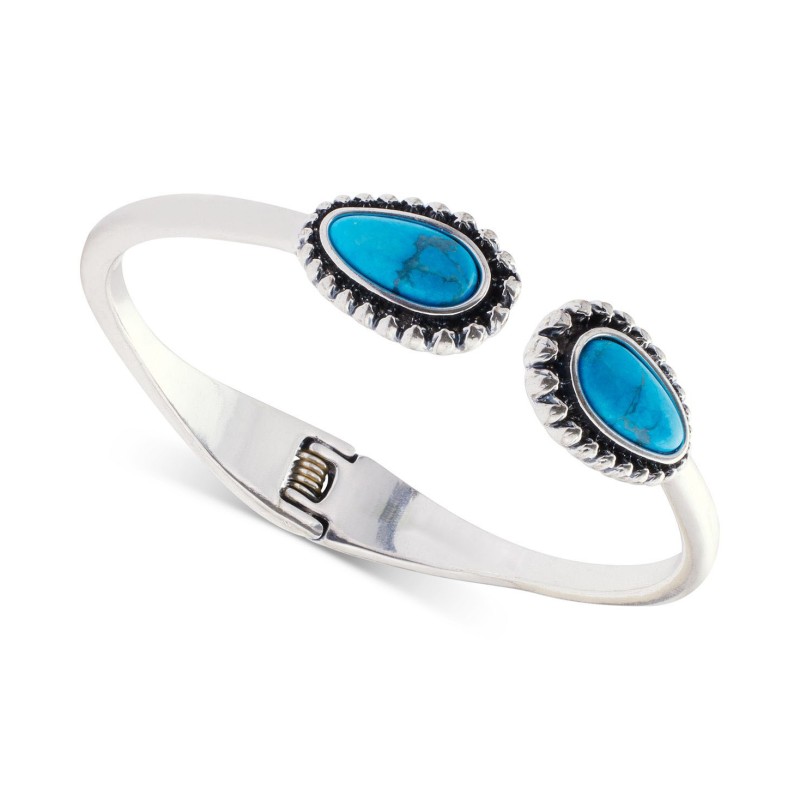 Silver-Tone Blue Stone Hinge Cuff Bangle Bracelet