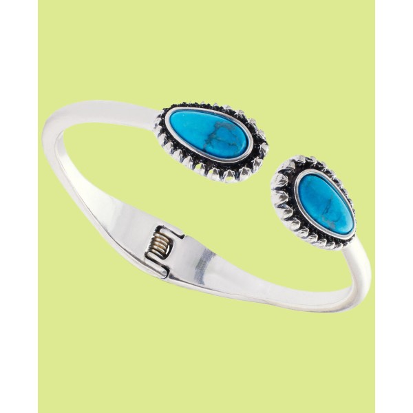 Silver-Tone Blue Stone Hinge Cuff Bangle Bracelet