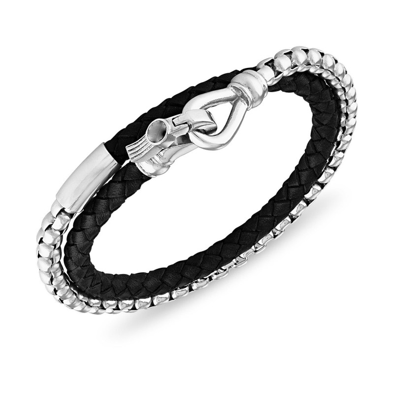 Black Leather Double Wrap Bracelet in Stainless Steel Black Leather Double Wrap Bracelet in Stainless Steel