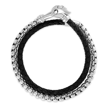 Black Leather Double Wrap Bracelet in Stainless Steel Black Leather Double Wrap Bracelet in Stainless Steel