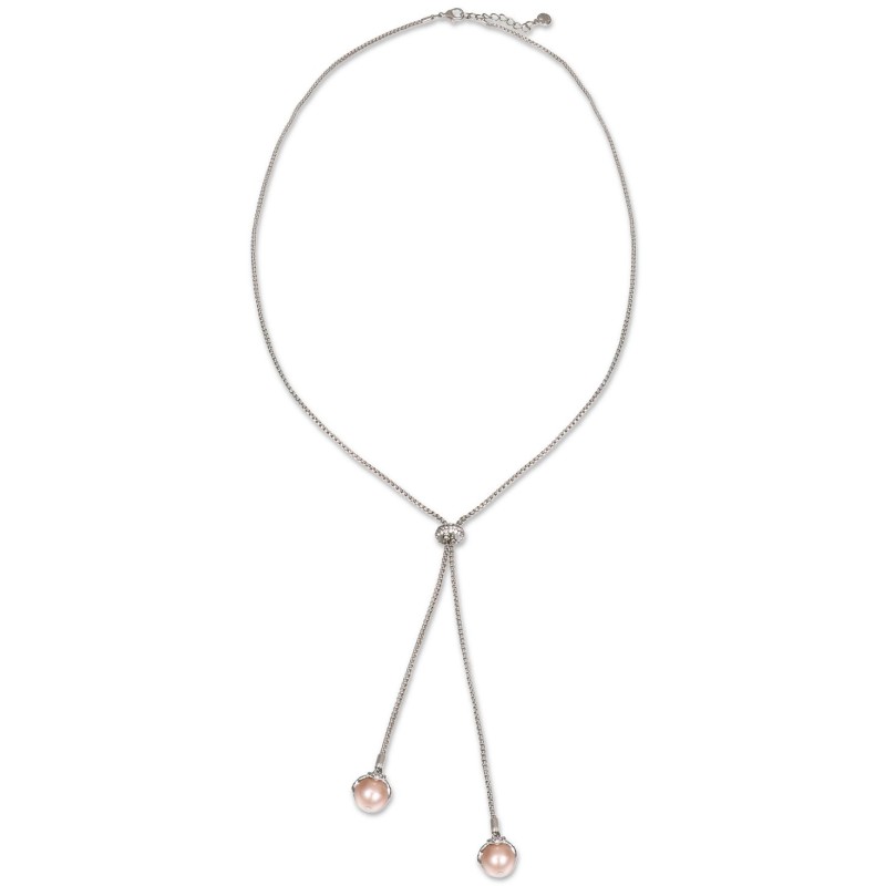 Silver-Tone Pink Imitation Pearl Long Lariat Necklace, 40
