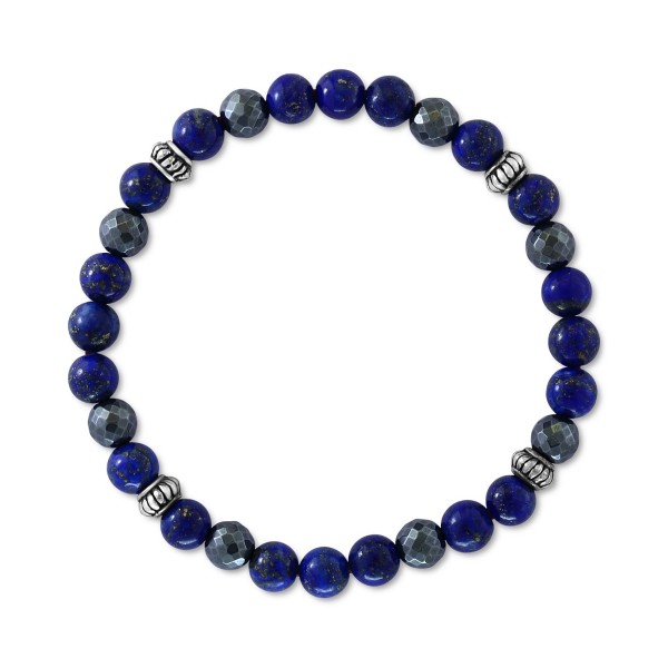 Men's Lapiz Lazuli & Hematite Bead Stretch Bracelet in Sterling Silver