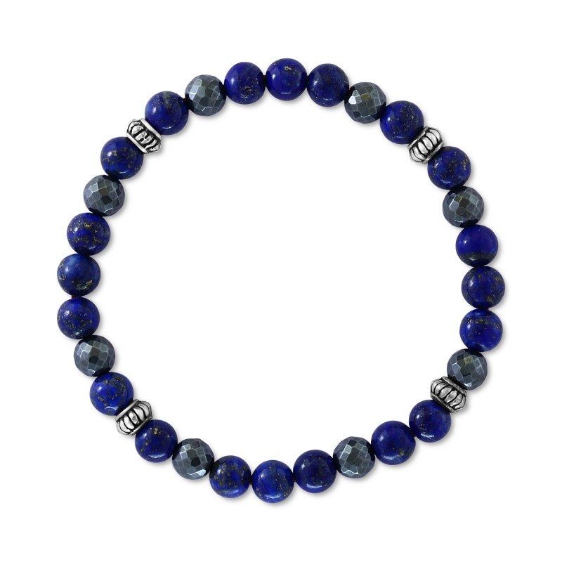 Men's Lapiz Lazuli & Hematite Bead Stretch Bracelet in Sterling Silver