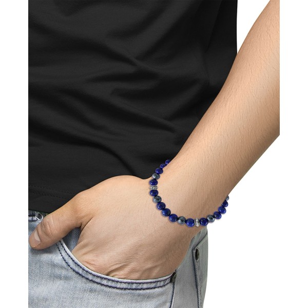 Men's Lapiz Lazuli & Hematite Bead Stretch Bracelet in Sterling Silver