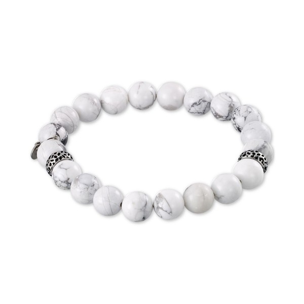White Agate (10mm) Beaded Stretch Bracelet in Stainless Steel