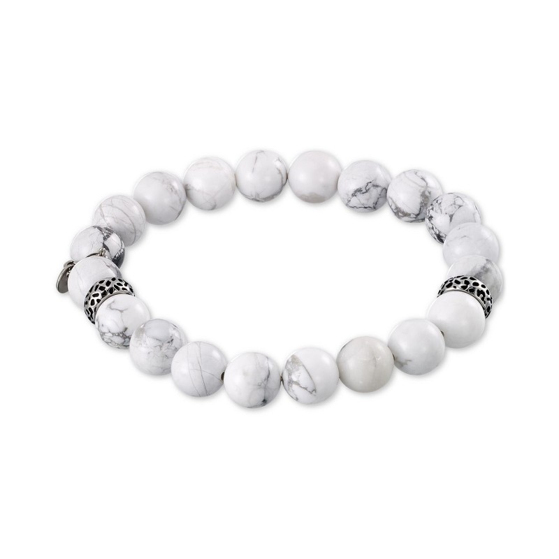 White Agate (10mm) Beaded Stretch Bracelet in Stainless Steel